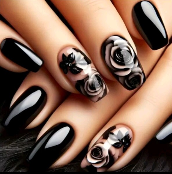 Rose Black Press-Glue On Fingernails Medium Reusable NEW