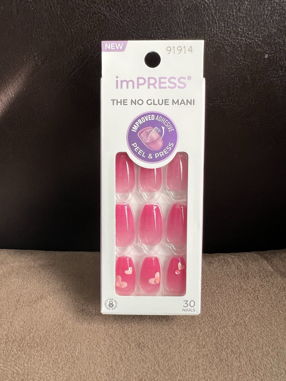 imPRESS Press On Nails -No Glue Needed- 30 Count New -Coffin Medium Pink- Hearts