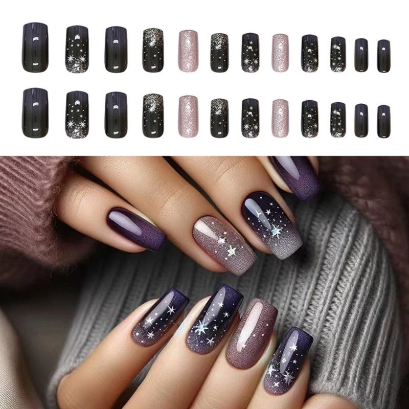 24Pcs Medium Blue Gradient False Nail Starlit Full Cover for Women Girls