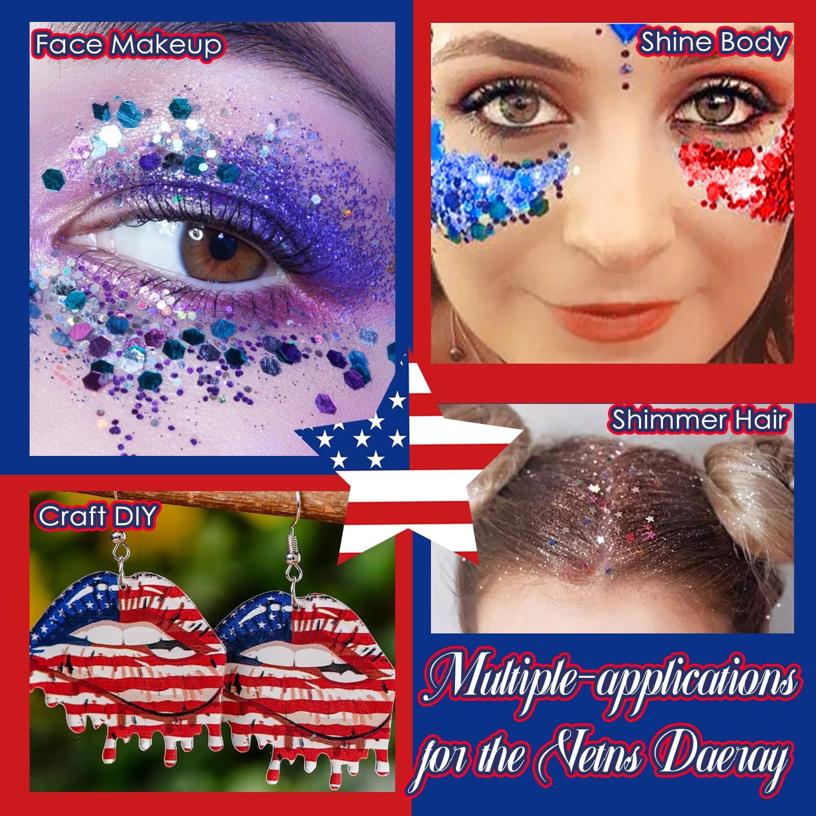 Nail Glitter 4Pcs Holographic America’s Patriotic Nail Art Glitter Sparkly Re…