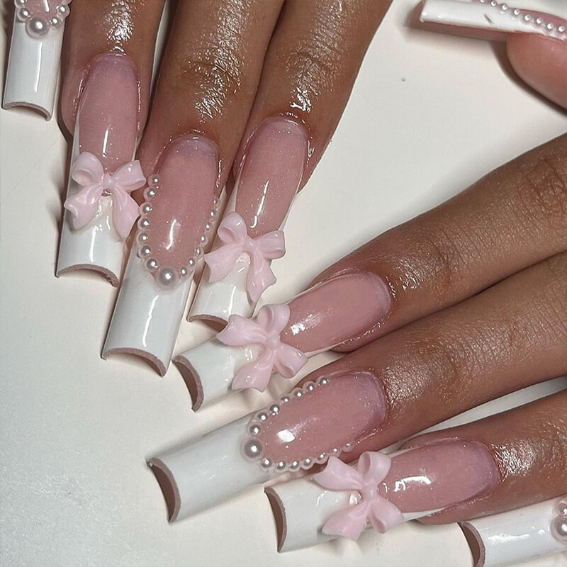 Wearable Fake Nails Bling 24Pcs Designs Medium Long Coffin Decor False Nails