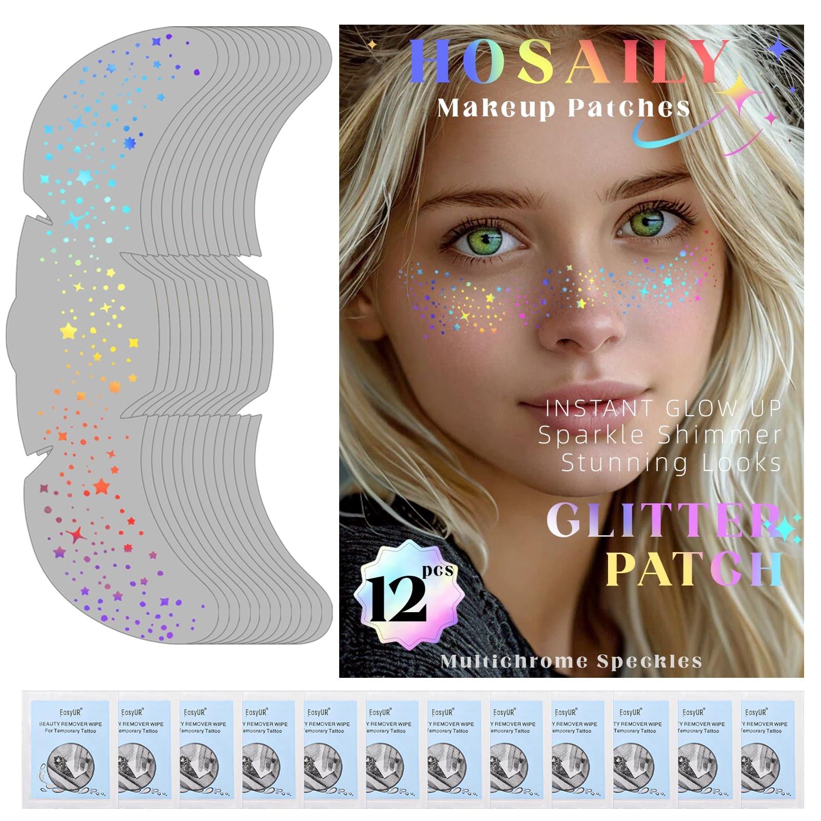 12pcs Holographic Multicolor Glitter Freckles Face Tattoo, Waterproof Sparkle…