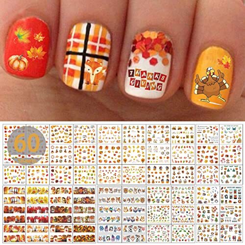 60 Sheets Fall Water Transfer Nail Art Stickers Decals, Thanksgiving Autumn