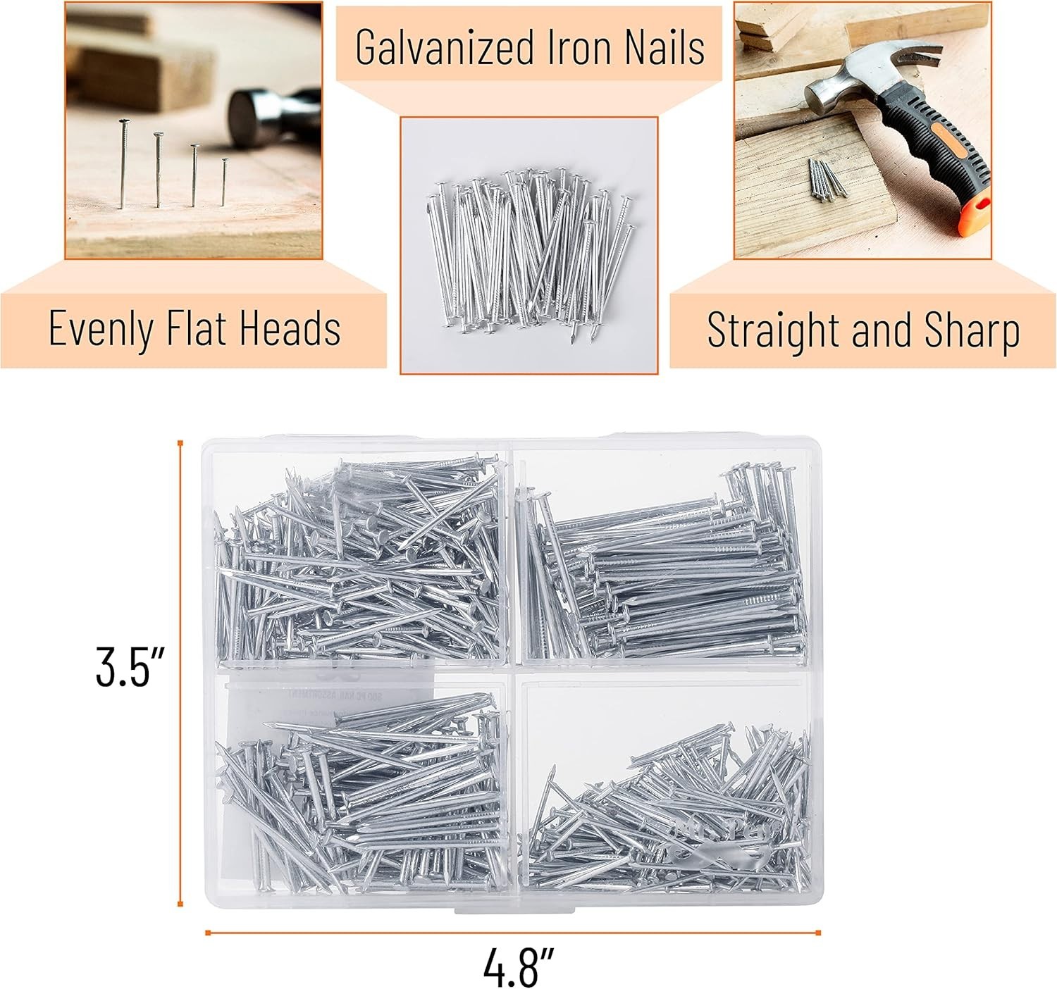 All-In-One Nail Assortment Kit – 600 Silver Nails, 4 Sizes for Every DIY Project