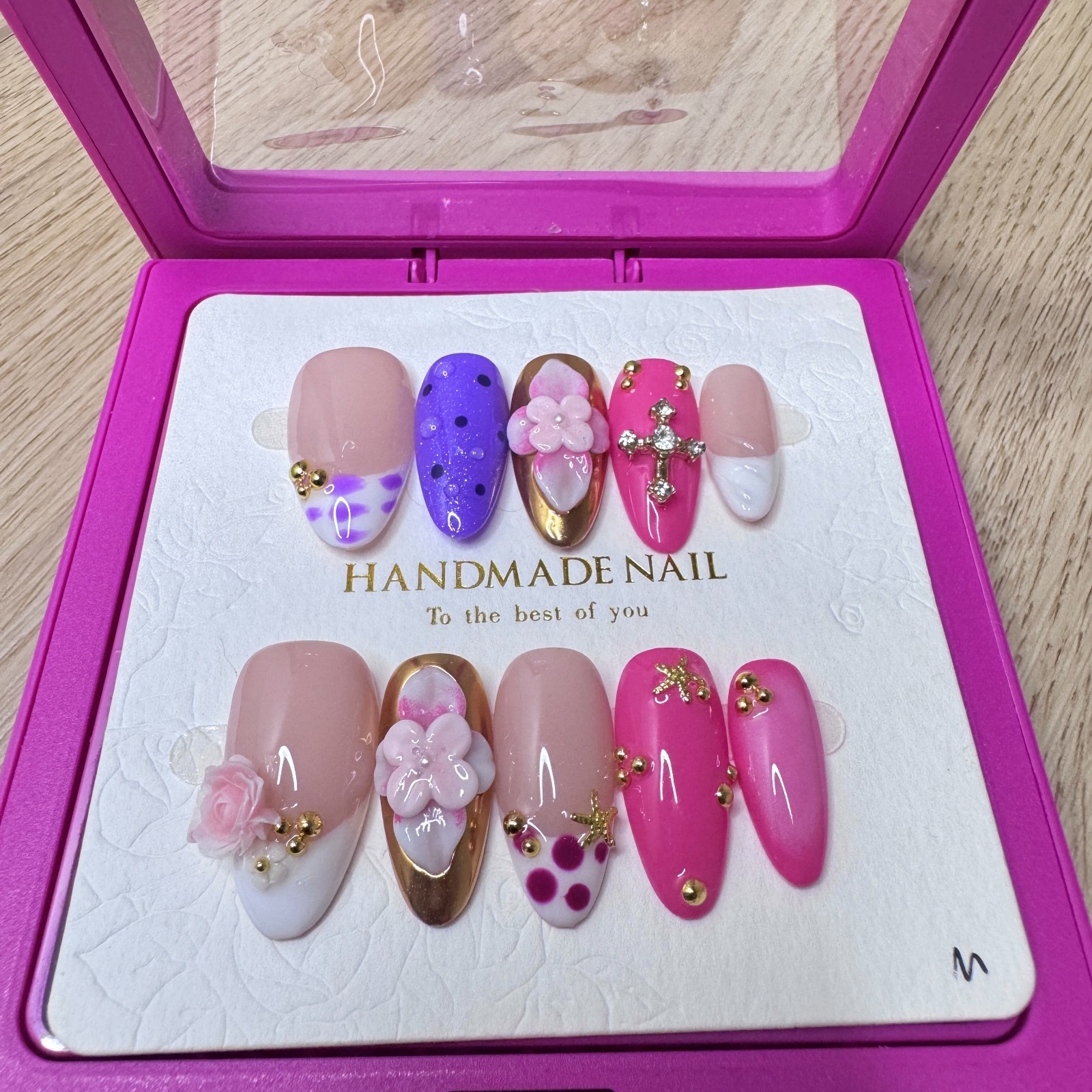 Handmade Hard Gel Press on Nail Art Kit Sz M Giltter Flower Blue Almond Jewel