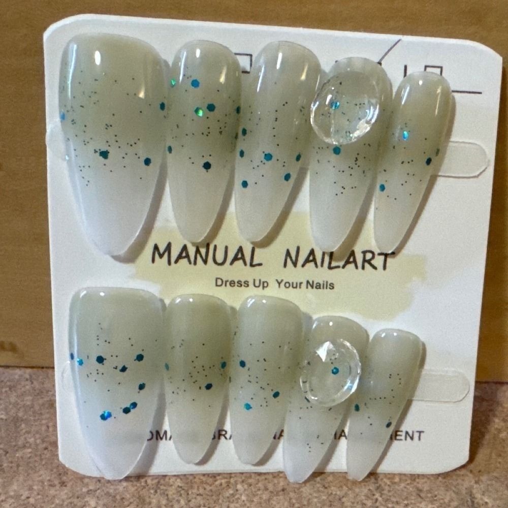 Press On Nails Long Almond Milky White Teal Glitter Gemstone 10pc