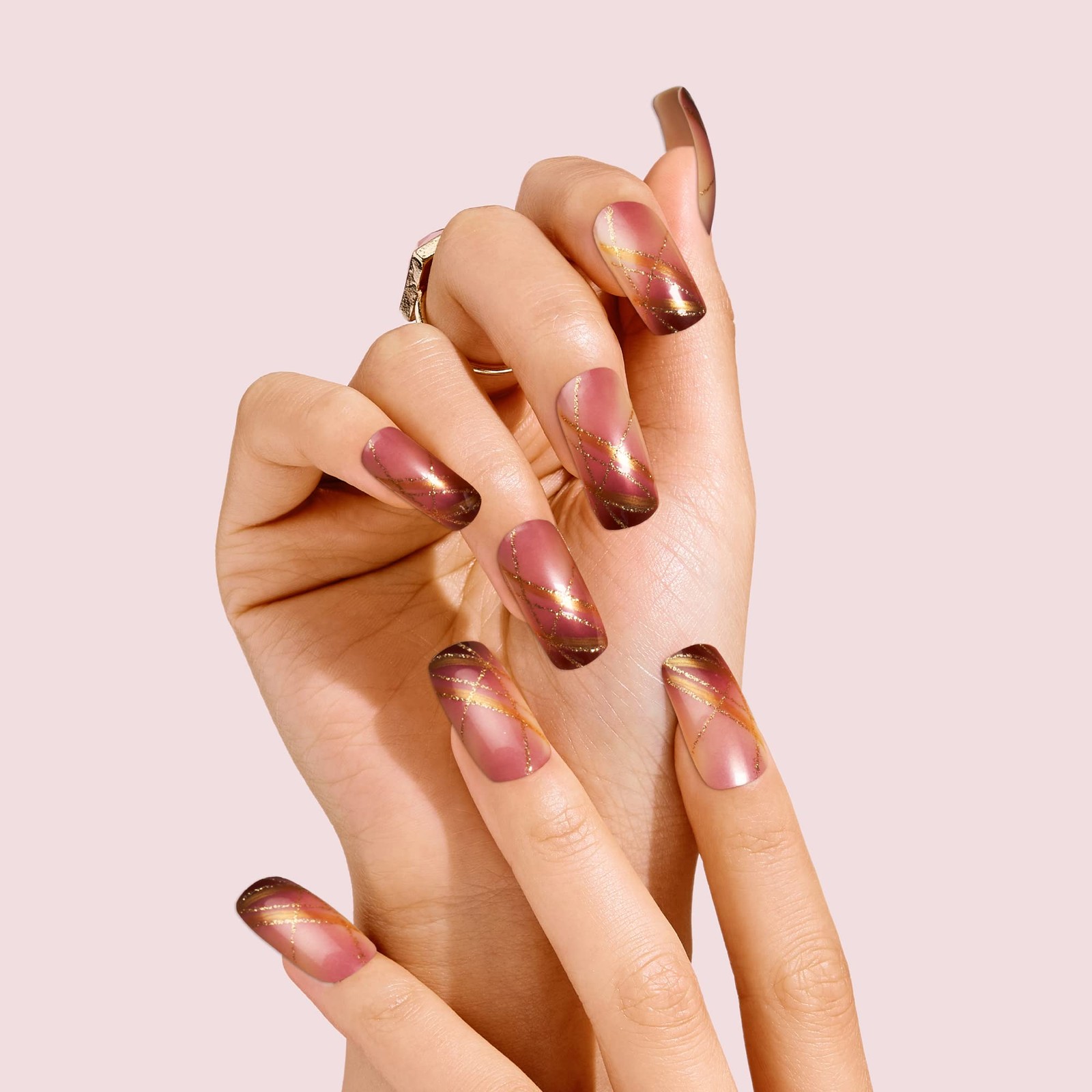 Gold Finger Gel Glam Press on Nail Dark Brown Glitter 26 Piece Set, Gold,Pink