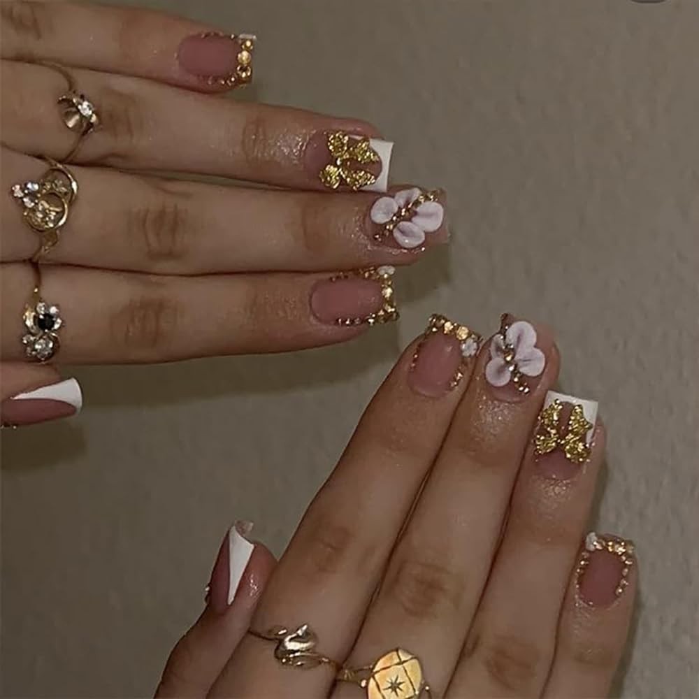 French Tip Press on Nails Short Square Fake Nails with Gold Butterfly Rhinest…