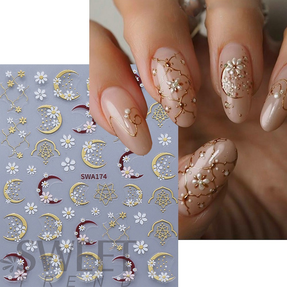 Small White Daisy Flowers Nail Art Stickers Plaid Moons Rose Gold BOHO