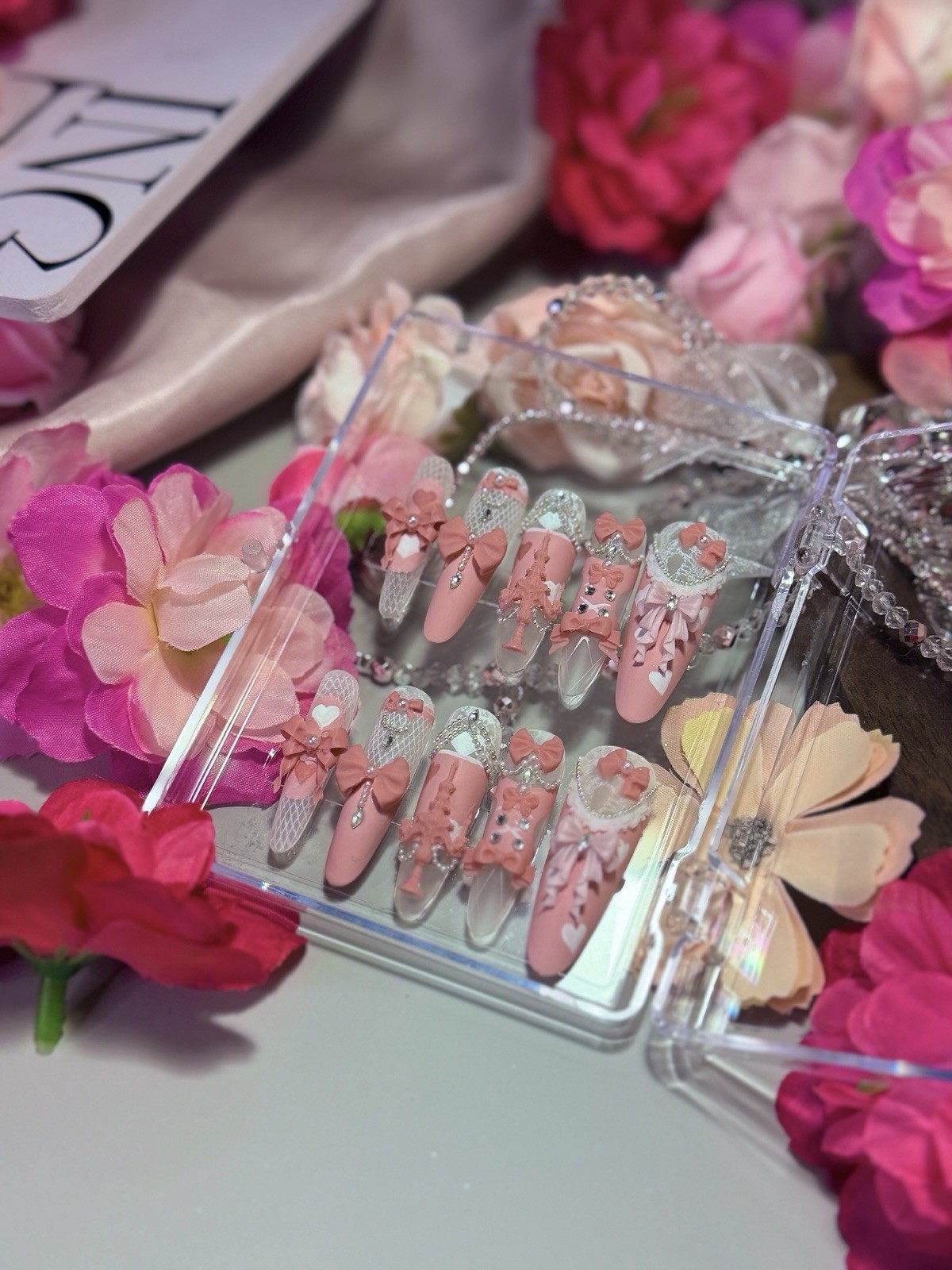 Pink Princess Bow Lace Flower Matte Finish Press On Nails Long Y05 With Pearl