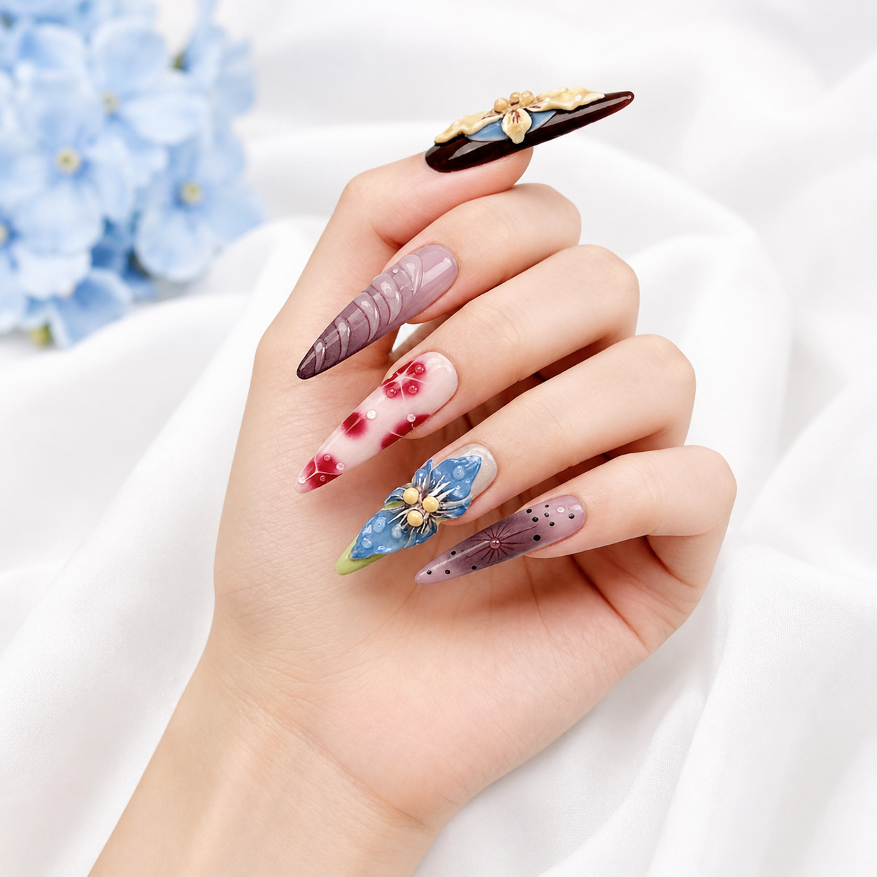 Press On Nails Extra Long Stiletto 3D Flower Butterfly Water Drop Y2K Nail Set
