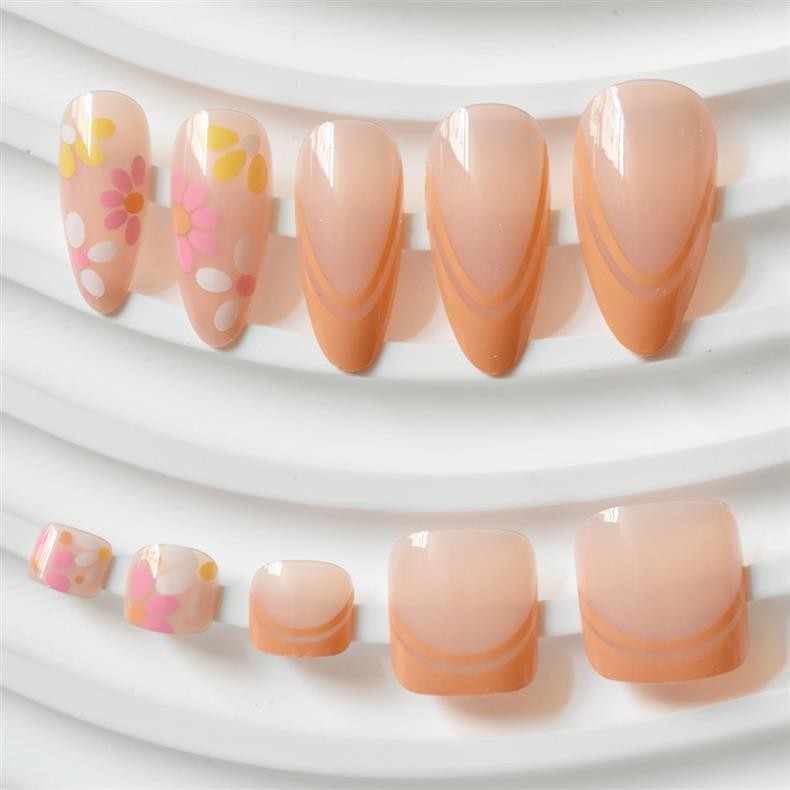 Vibrant Orange French Daisy Press On Nails Summer Nail Kit