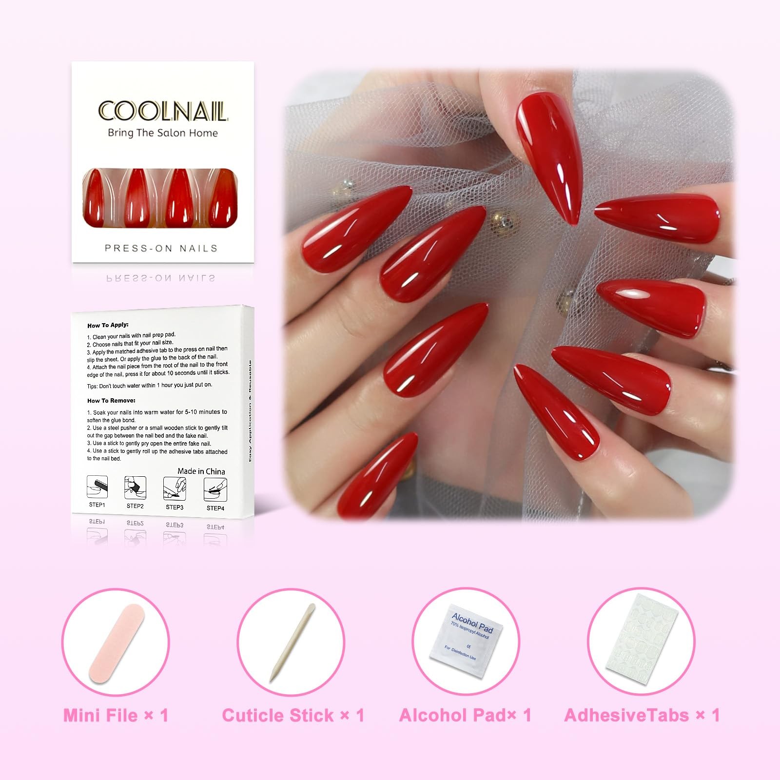 Glossy Red Press on False Nails Medium Long Stiletto Fake Nails Salon Nail Ar…