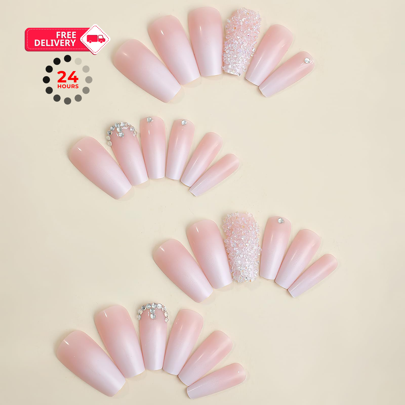 Jremg Pink Press On Nails – Long Square Coffin Fake Nails, Multicolor