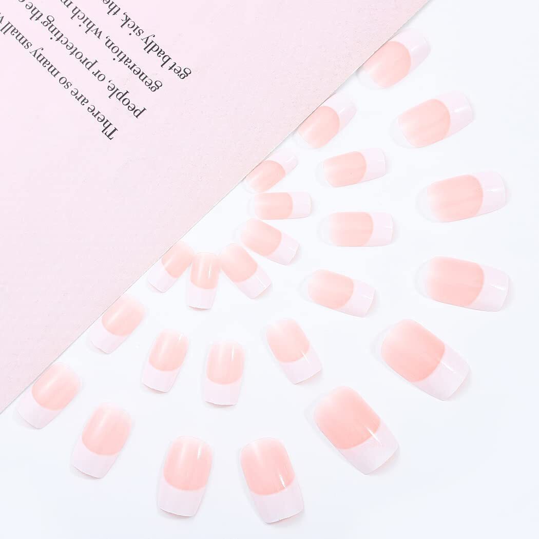 Classic French Natural Nude Pink White French Square Long Press On False Nails