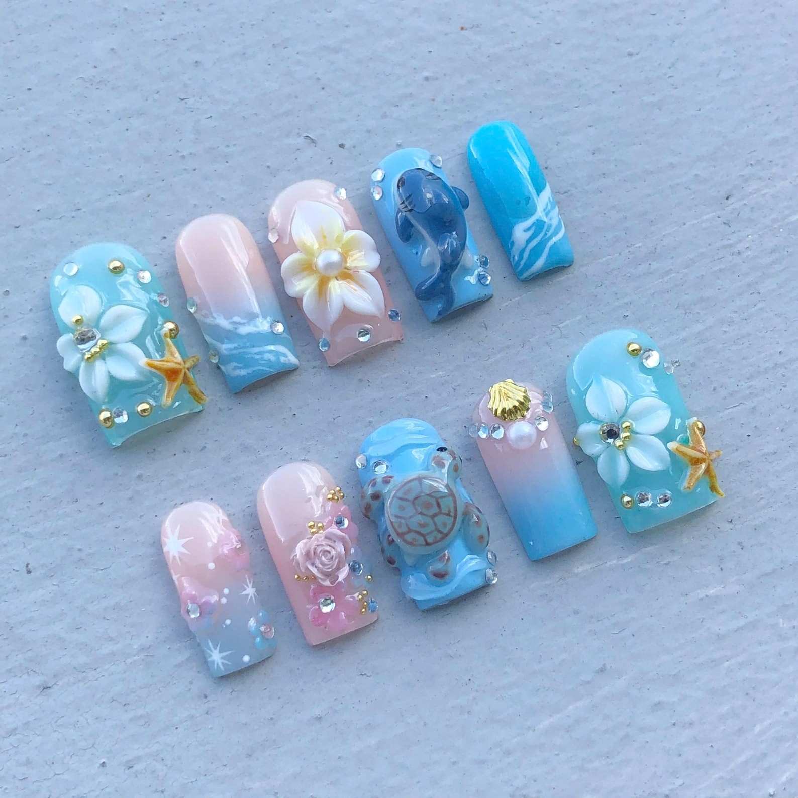 Handmade Ocean Turtle Dolphin Plumeria Starfish Shell Square Press on Nails