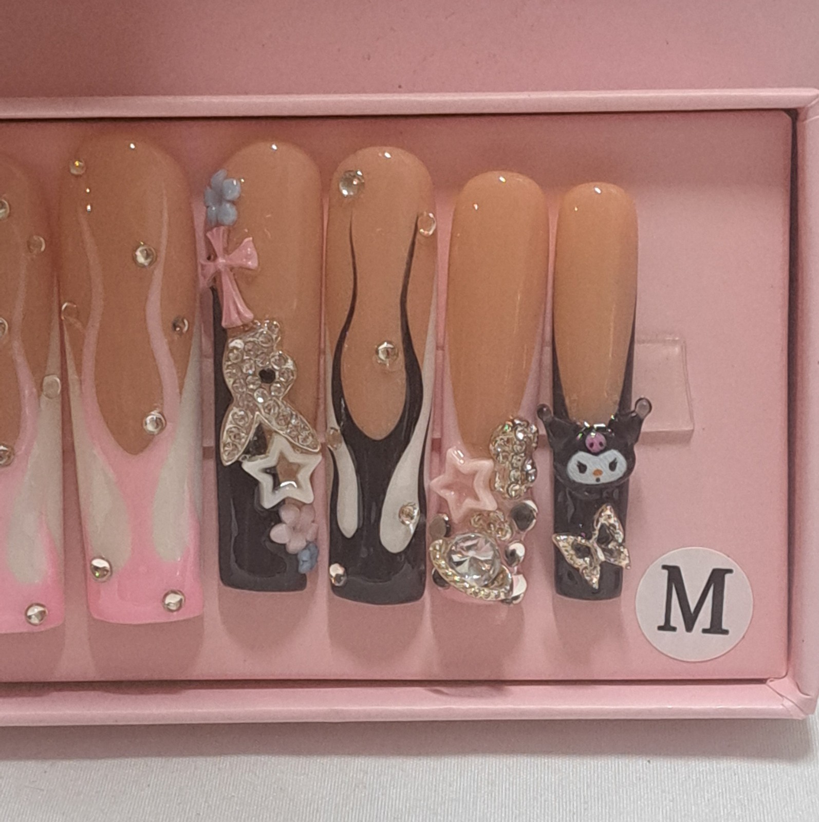 Handmade Tapered Square Press On Nails Nude Pink Black Flame Kuromi Playboy