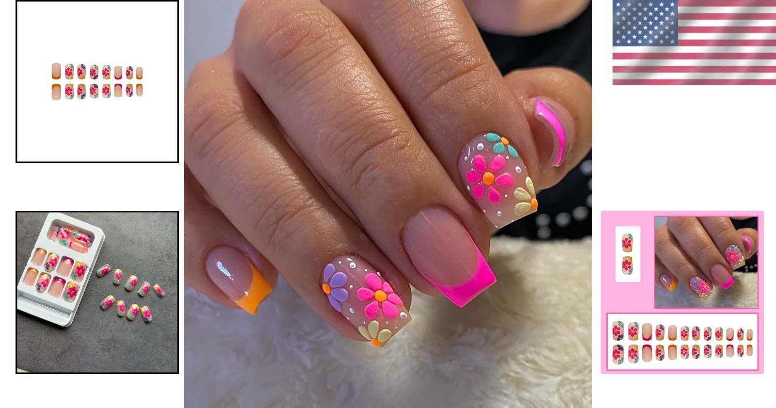 24-Pack Short Square French Tip Fake Nails – Glossy Nude Pink with Flowers
