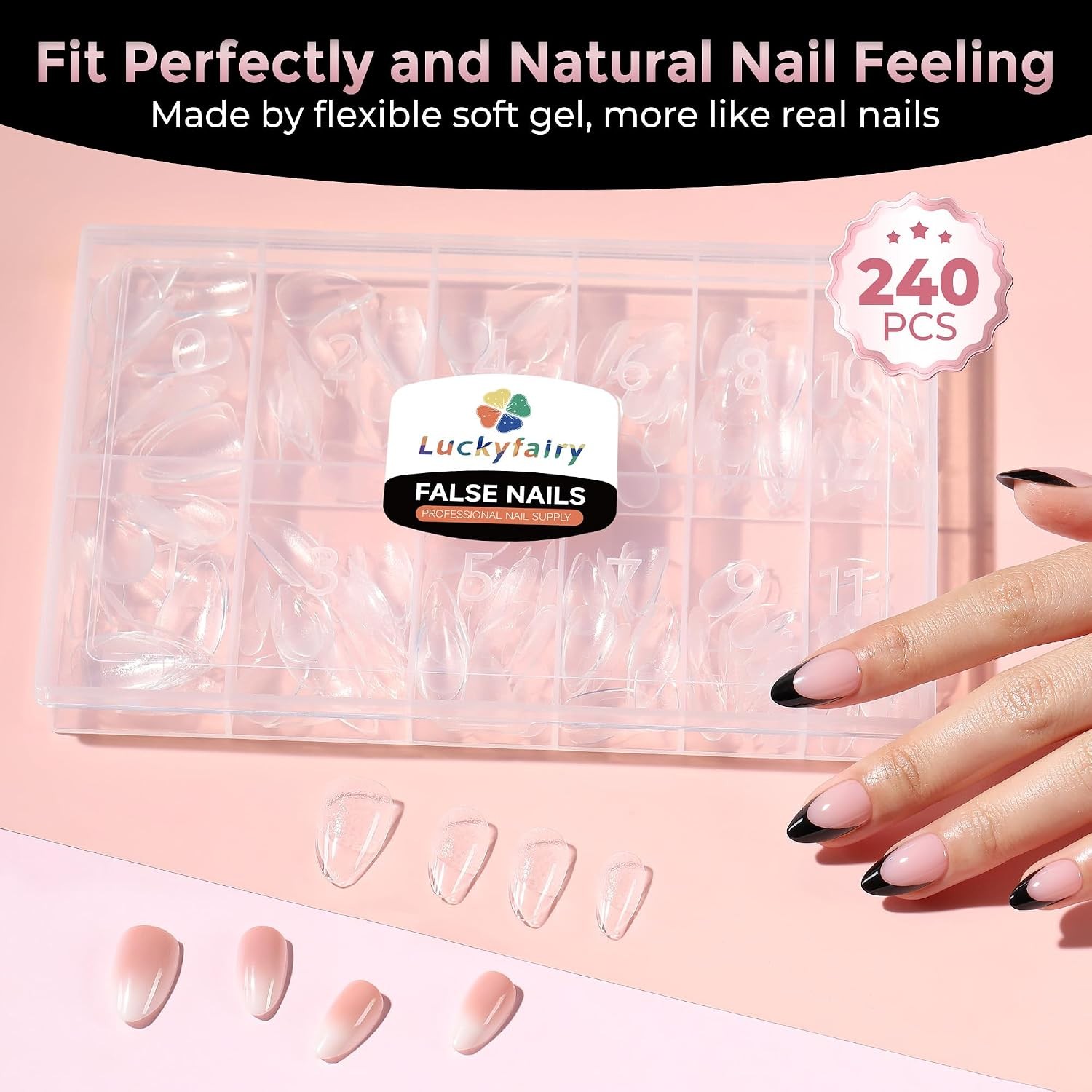 Short Almond Nail Tips, 240pcs Pre-Etched X-SOFT Gel Nail Tips | Full Cover