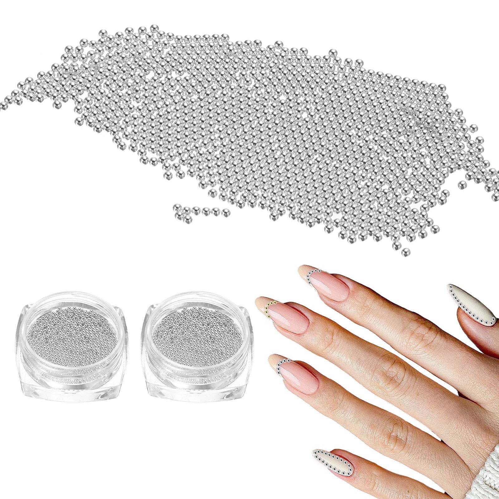 2pcs Nail Art Beads 0.04″ Mini Metal Caviar Nails Beads Ball for DIY Silver,