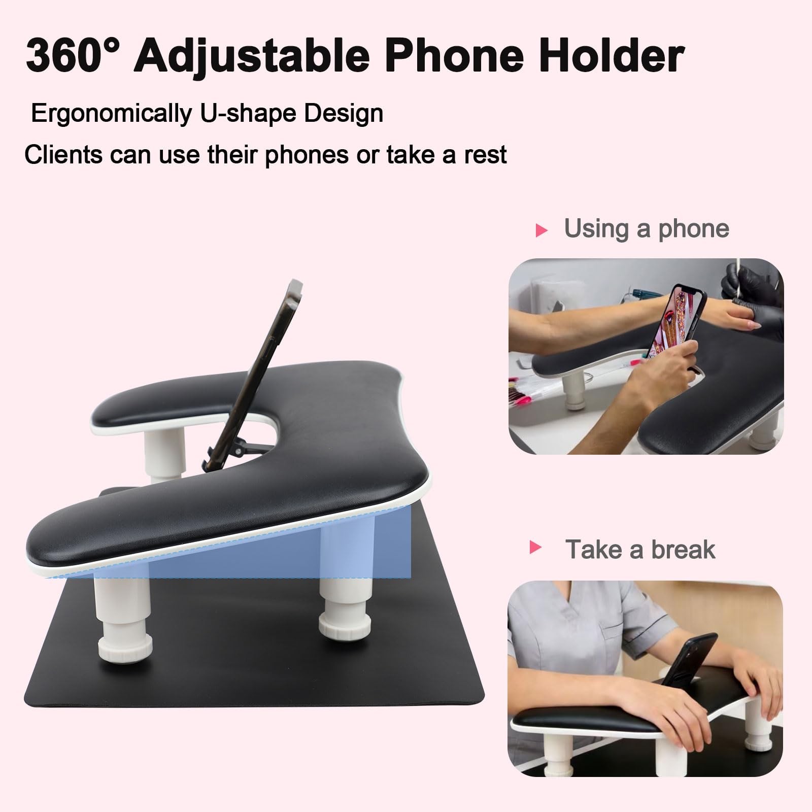 U Shaped Manicure Nail Hand Rest Arm Stand Pillow W/ Table Mat Phone Holder