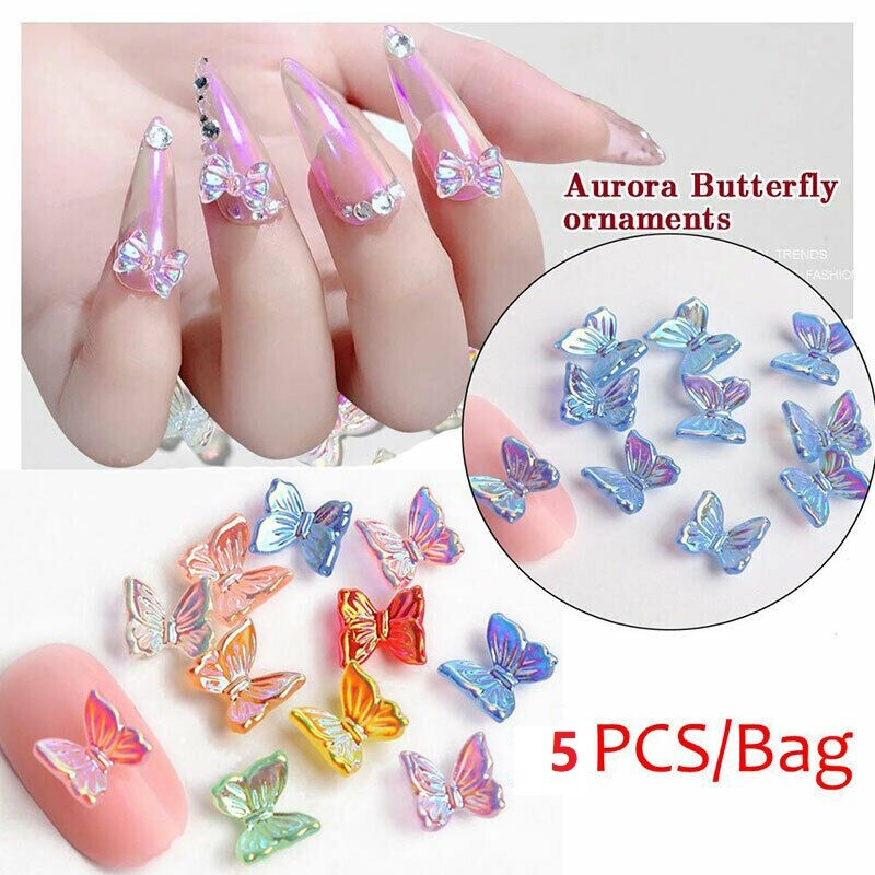 5pcs Aurora Glitter 3D Colorful Butterfly Nail Art DIY Resin Manicure Decor NS31