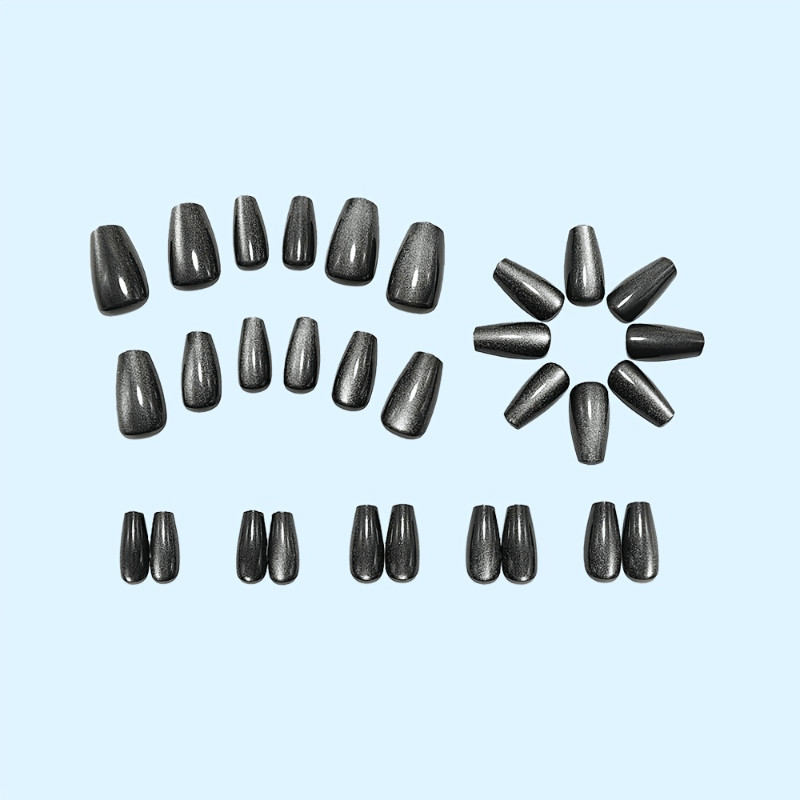 60Pcs-Medium Coffin Solid Black Cat Eye Minimalist Trendy Press on Nails