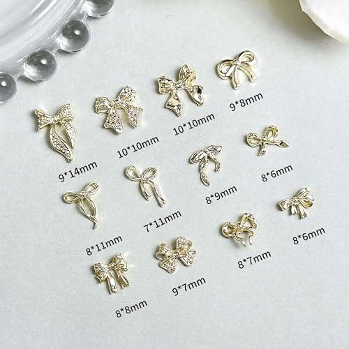 120Pcs 3D Gold Bow Nail Charms, 12 Designs Assorted 3D Metal Bow Nail Set 01