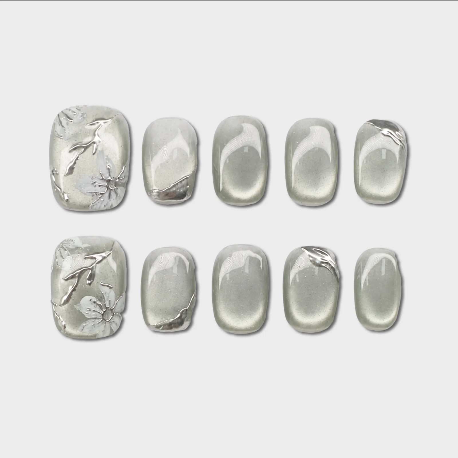 SIYOU Steel Magnolia Short Squoval Silver Floral Press-On Nails 10pc