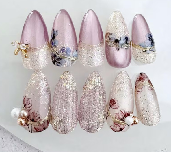 24 Pcs Press-On Nails Long Almond Shiny Light Purple Cateye w/3D Embellishments