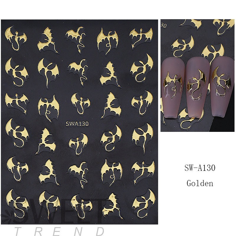 3pcs Metallic Flying Dragon Scales Nail Sticker Gold Silver Laser Devil Bat NH30
