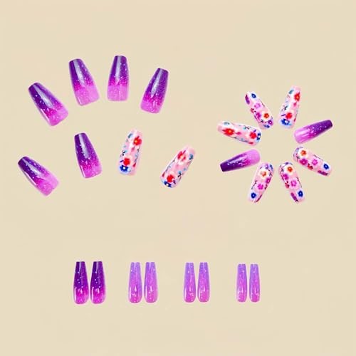 Press On Nails Coffin Fake Nails Flower With Gradient Medium Purple Flower 06