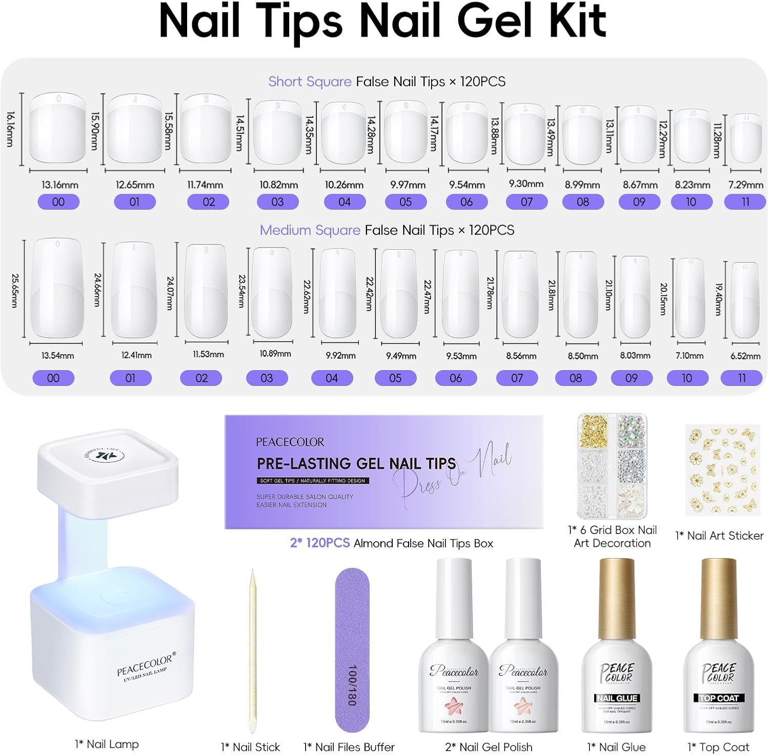 l Nail Kit, Short Medium Coffin Nail Tips with U V Lp 2