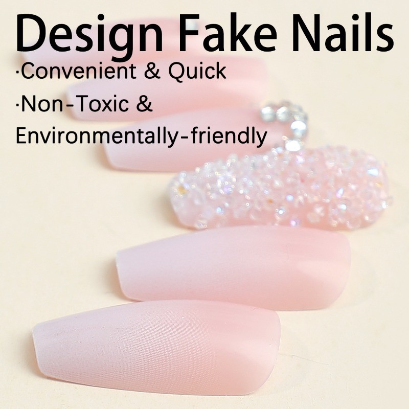 48pcs-Shimmer Pink Coffin Nails Press on With Ombre Glitter and Crystal Accents