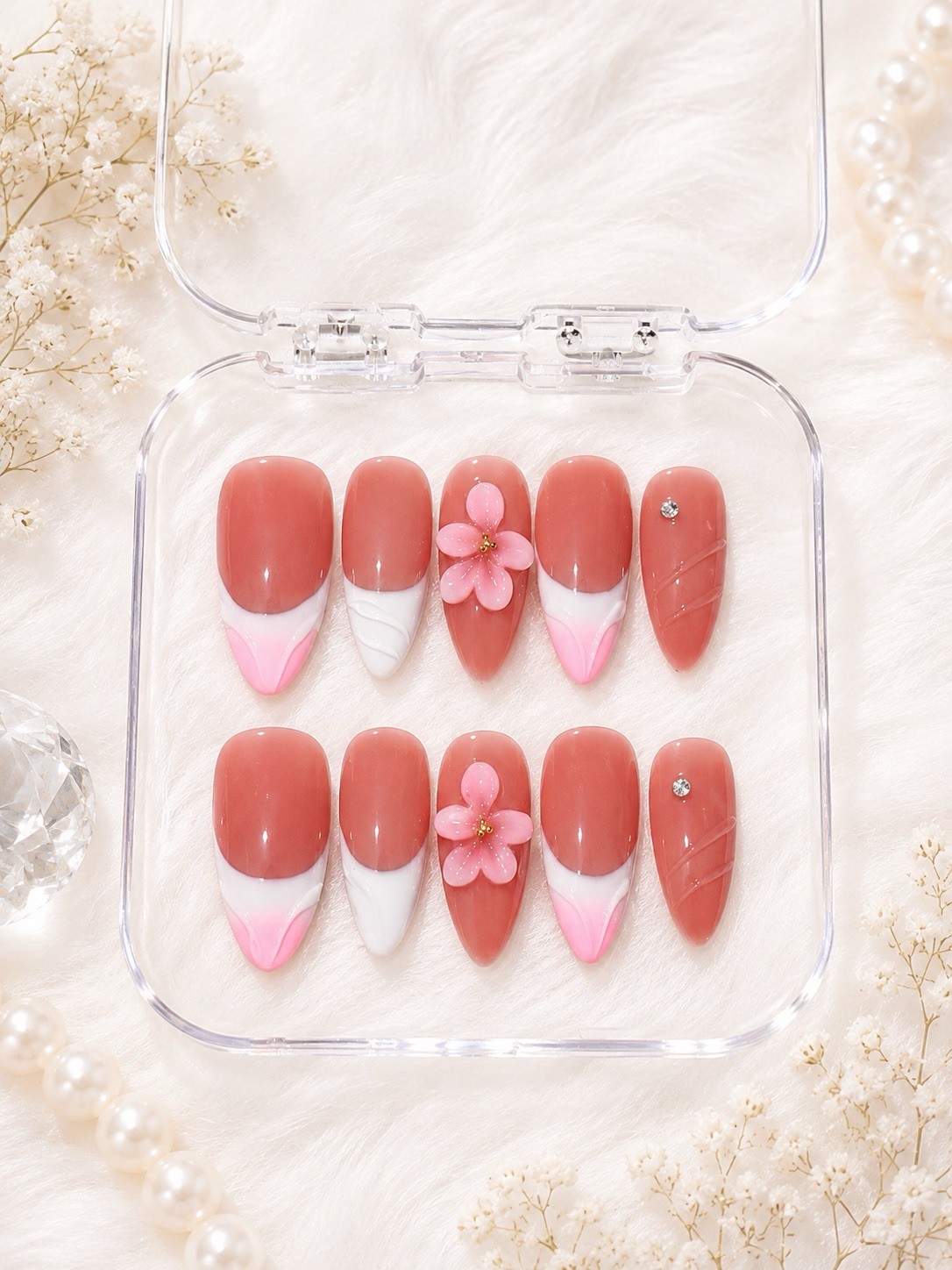 M.Y Aesthetic Press-On Nails Medium 10 Pcs 3D Floral Almond Coffin