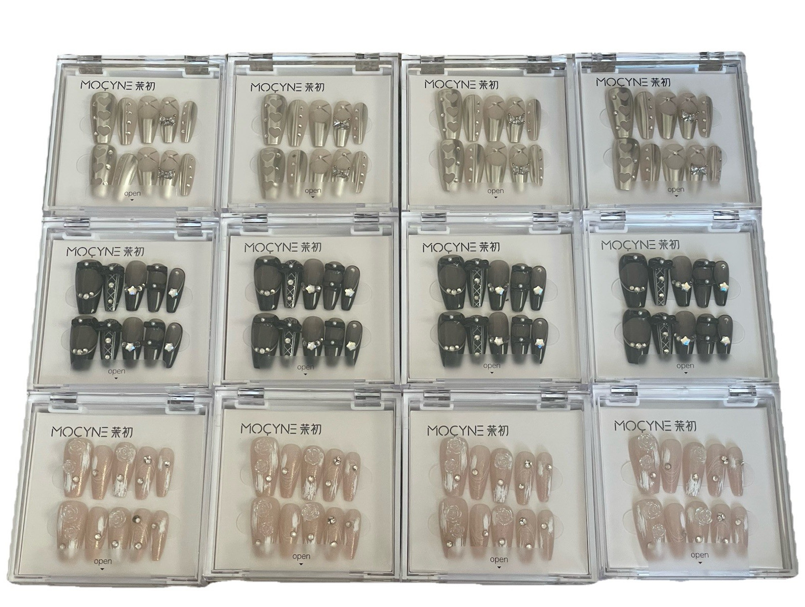 12 MOCYNE Long Nail Sets – Rose Crystals – Black Tuxedo Stars – Silver Hearts