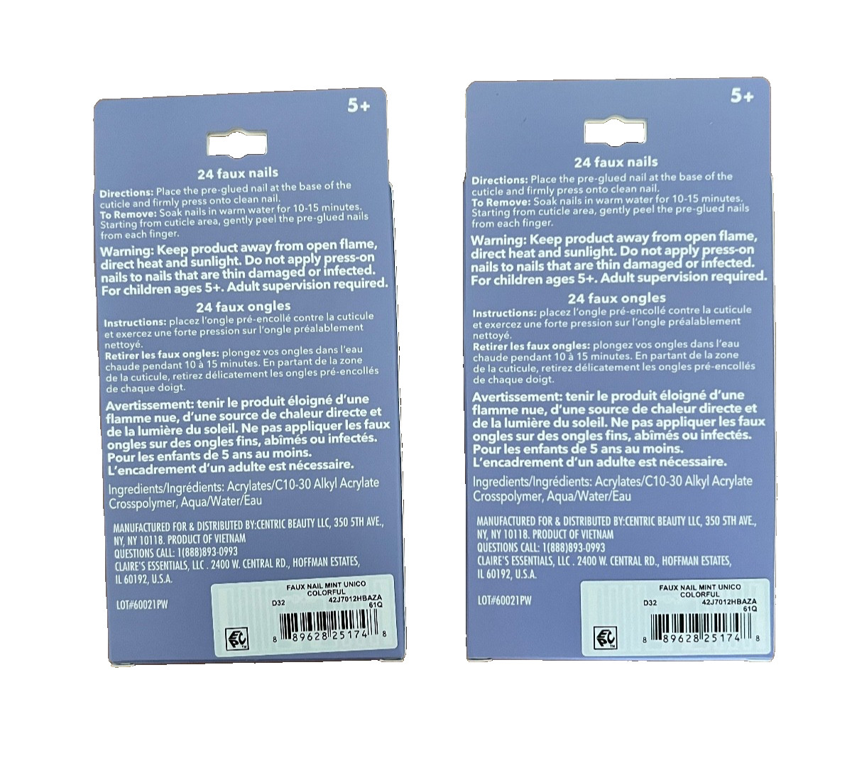 Lot of 2 Pack Claire’s Press On Nail Faux Nails Mint Green/Blue Unicorn Set
