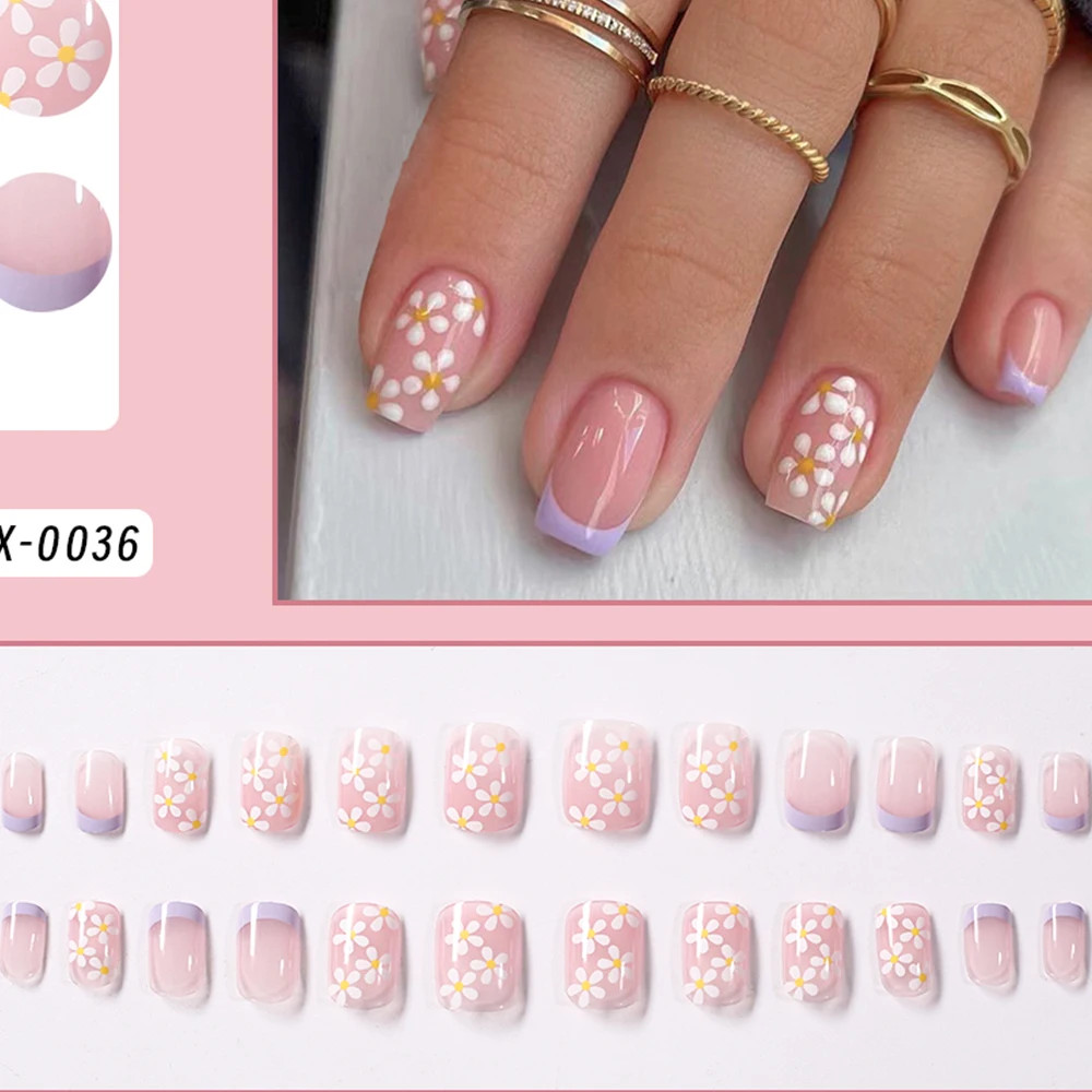 French Glitter Short Square Coffin Press on Nails Full Cover Acrylic Fake