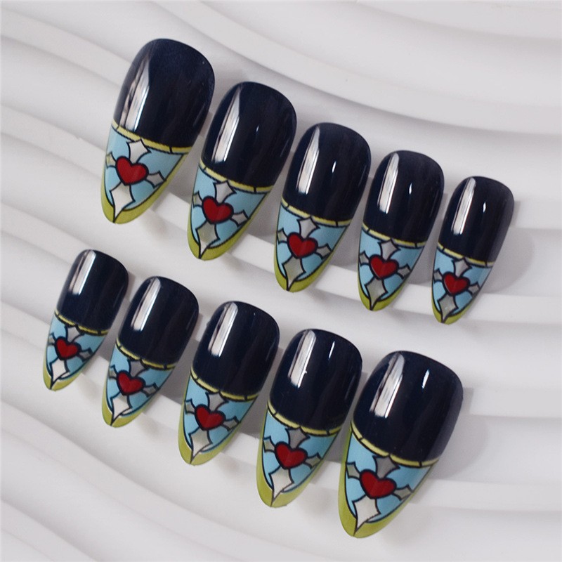Almond Black Nails Stained Glass Heart Pattern Press On Nails Wholesale