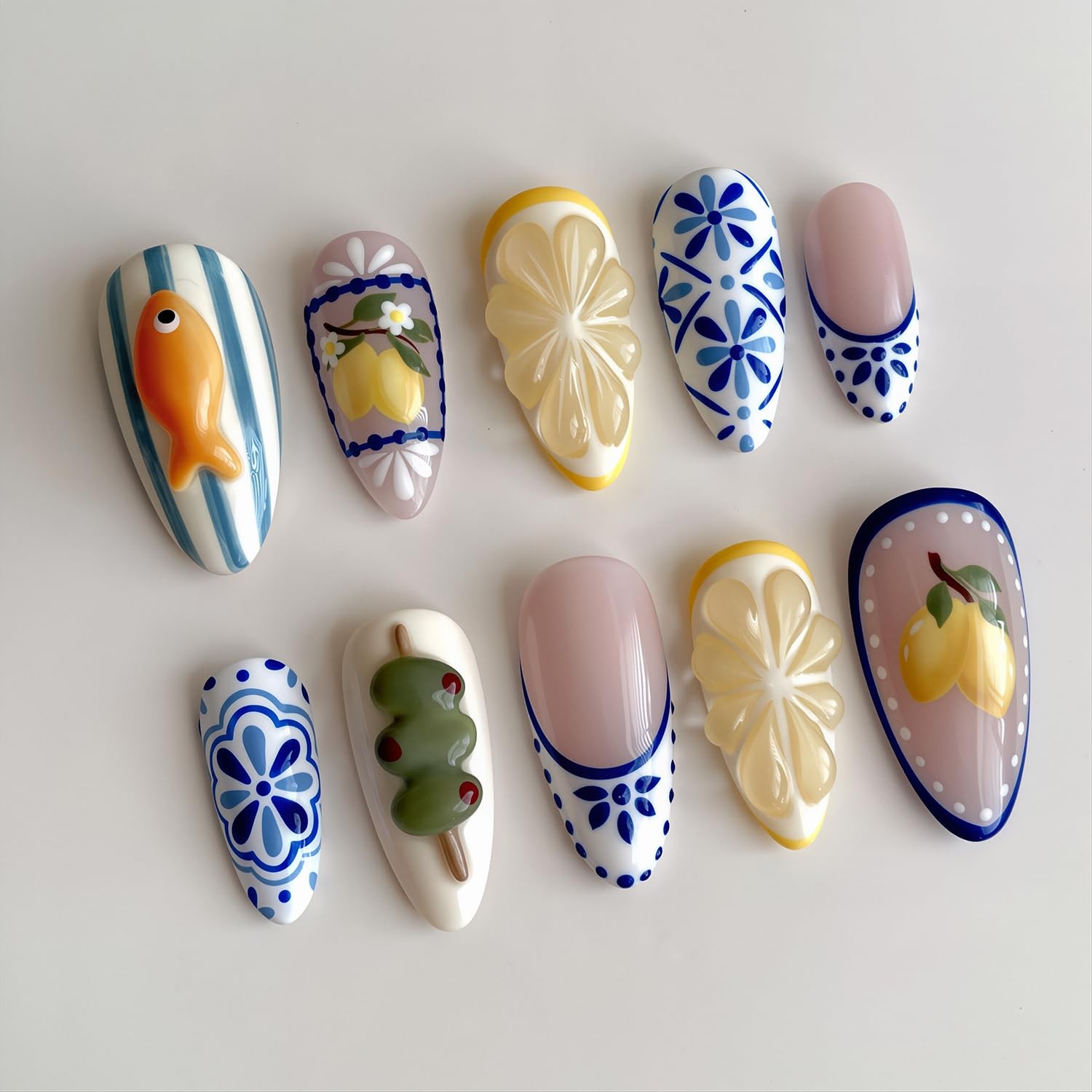 24Pcs Summer Press on Nails Medium Almond Fake Almond, Multicolor