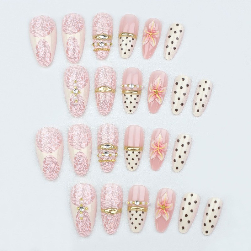 48pcs-Nude Beige Press on Nails Almond Polka Dot Lace 3D Flower Rhinestones