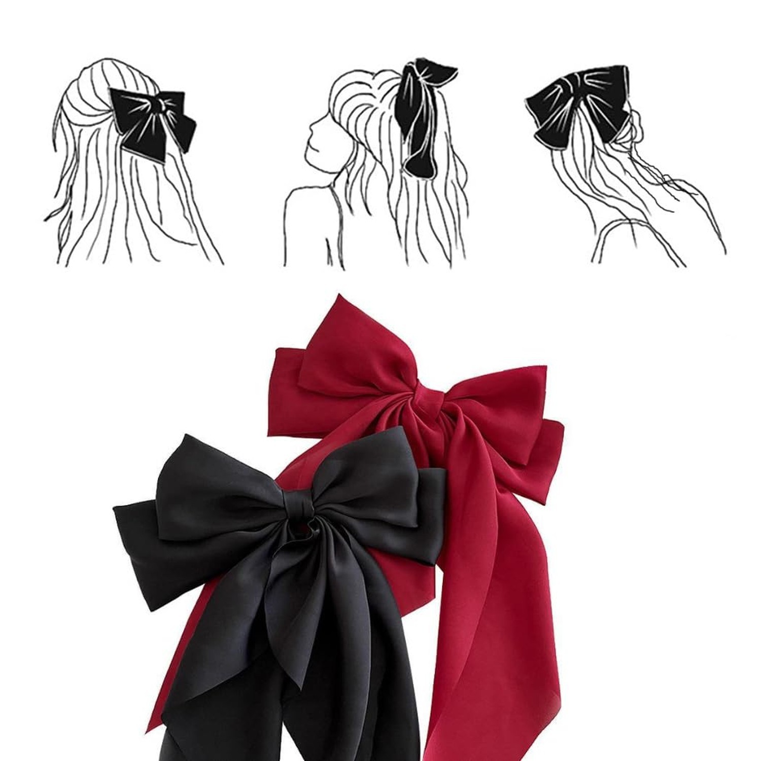 BetterJonny 6Pcs Satin Bow Hair Accessories for Girls, Women, and Teens, Long…