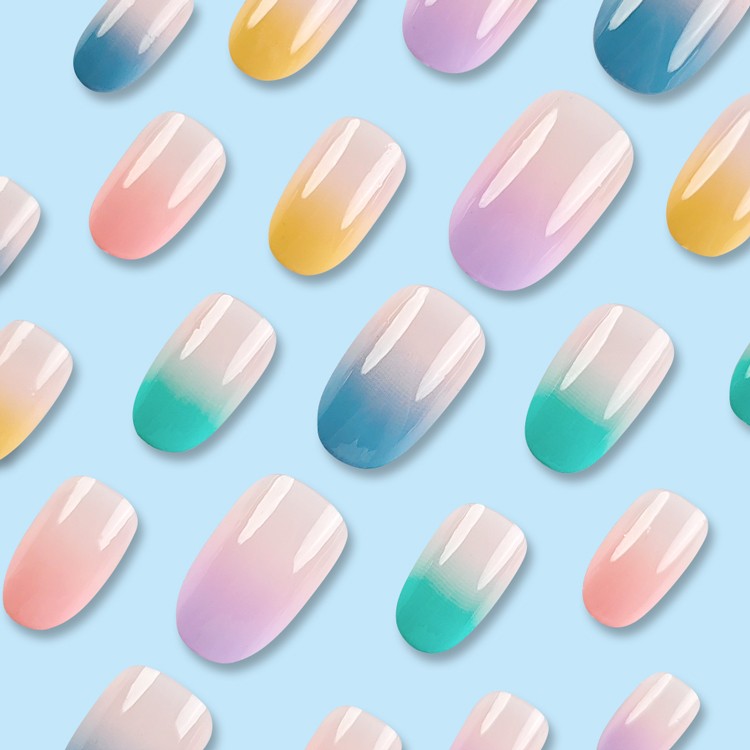 24-piece Short Oval Rainbow Gradient Design Nail Polish Set.Long Press On The Na