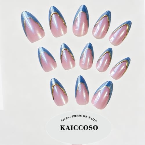 Blue French Press on Nails Almond Medium Cat Eyes Fake Nails with Gold style 13