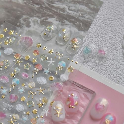 1 Sheets Summer Nail Decals for Nail Art 5D Gold Seashell Ocean Stickers-2