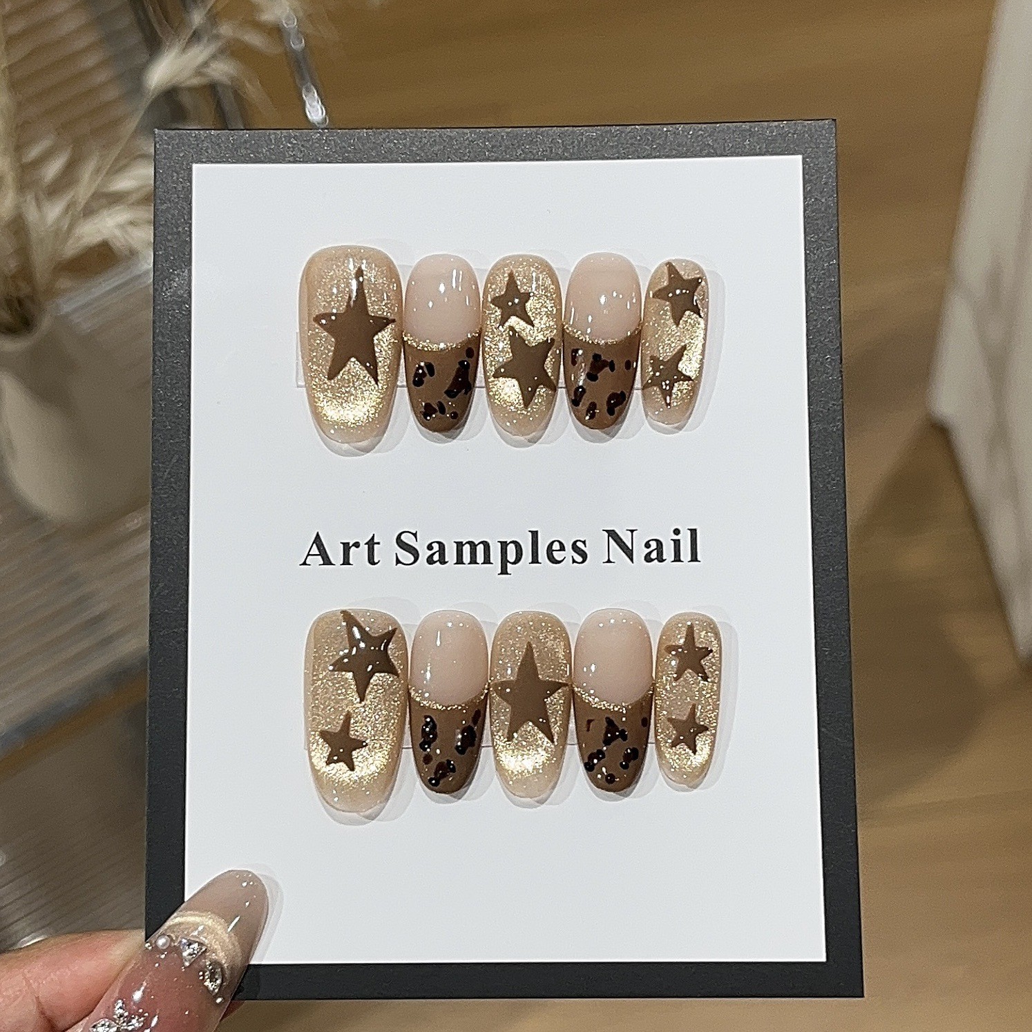 10Pcs Handmade Brown Leopard Medium Oval Nails Bead Cat Eye Autumn Winter Style