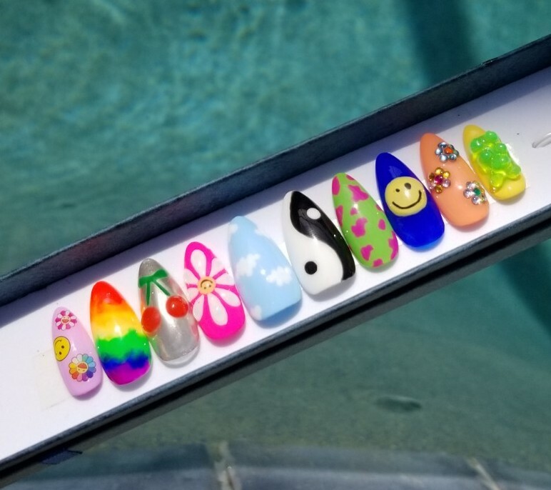 Custom Press On Nails Kidcore Smileys Rainbow Trippy Neon Hard Gel Short Almond