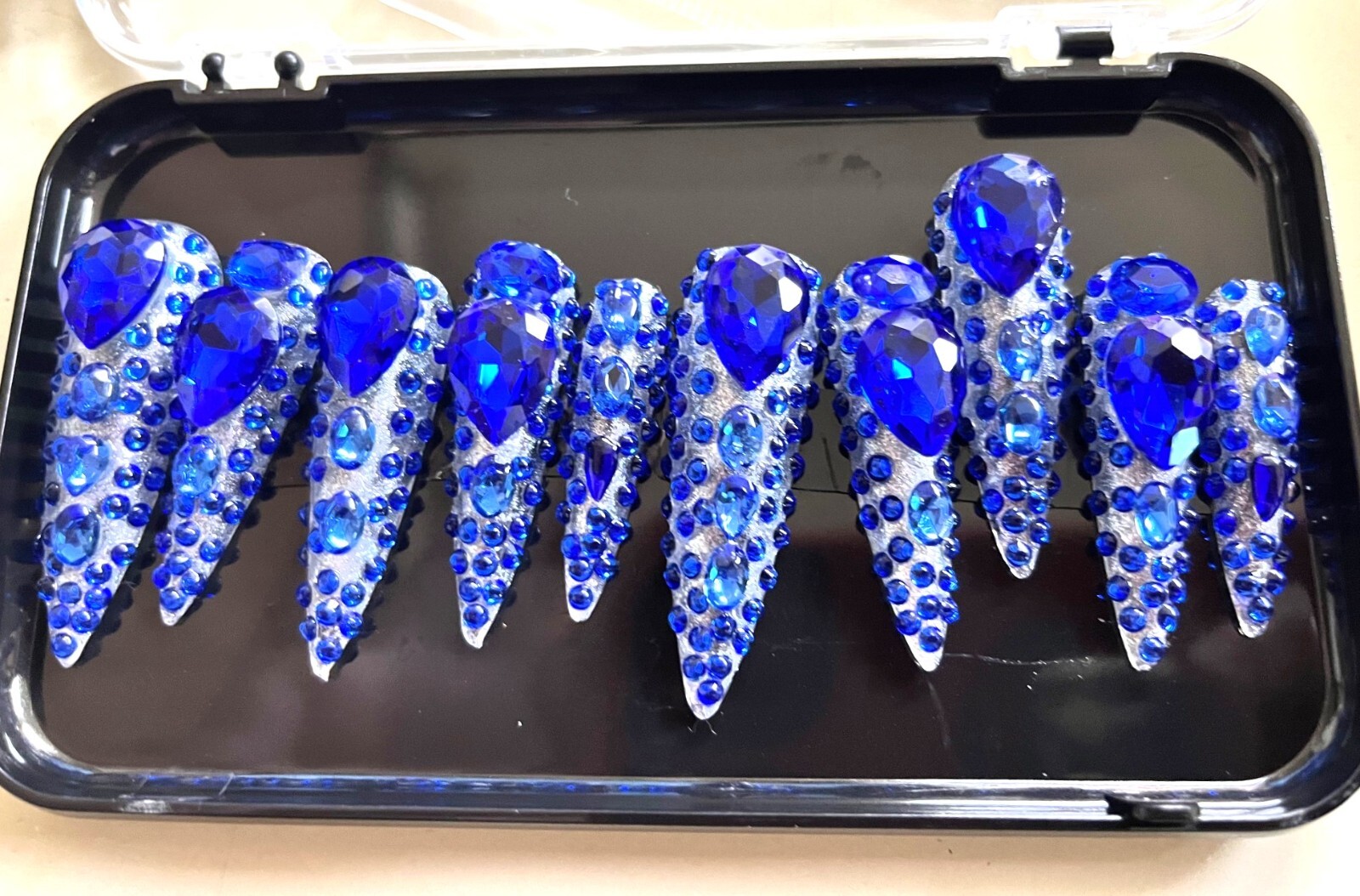 Sapphire Blue Jeweled 3D Press-On Nails w/ Glue Tabs – Size Large – 10 Nails
