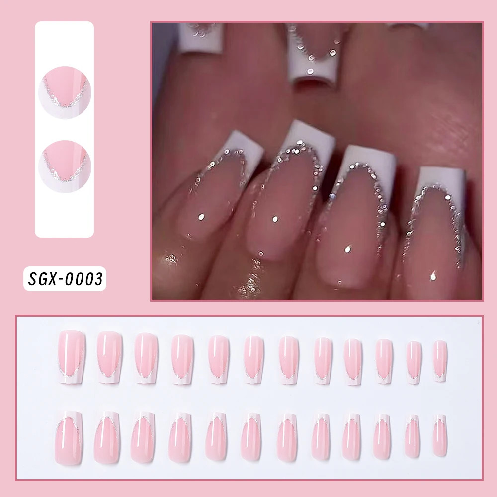 French Glitter Short Square Coffin Press on Nails Full Cover Acrylic Fake