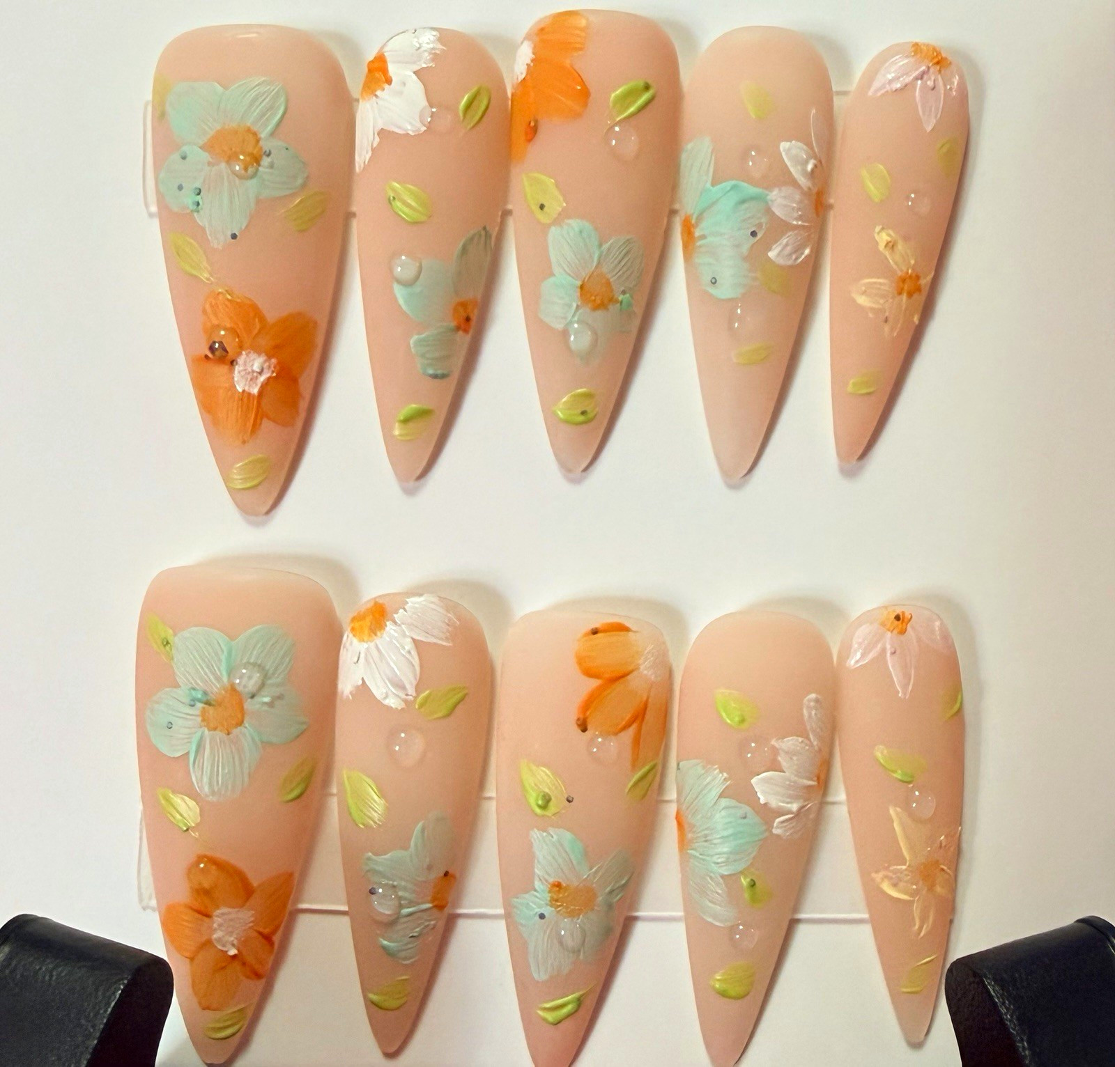 Long Coffin Full Cover Artificial Nails Nude Orange 3D Floral Nail Art
